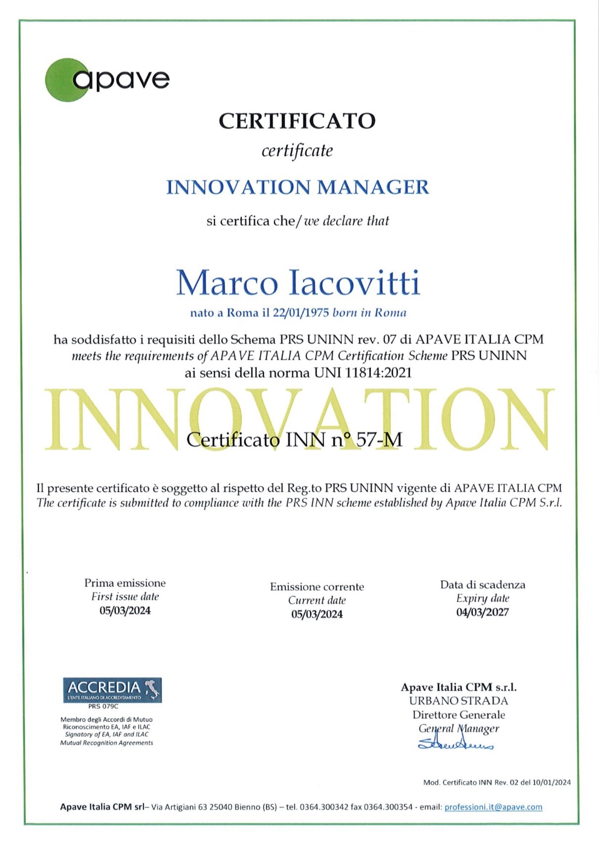 Certificazione Innovation Manager UNI 11814