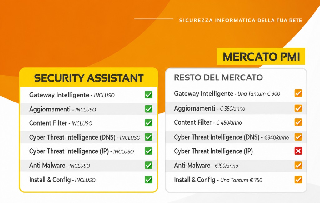 Tabella comparativa mercato PMI: a sinistra Security Assistant con gateway, aggiornamenti, content filter, threat intelligence DNS e IP, anti-malware e installazione tutti inclusi; a destra resto del mercato con prezzi una tantum o annuali e alcune voci non disponibili.
